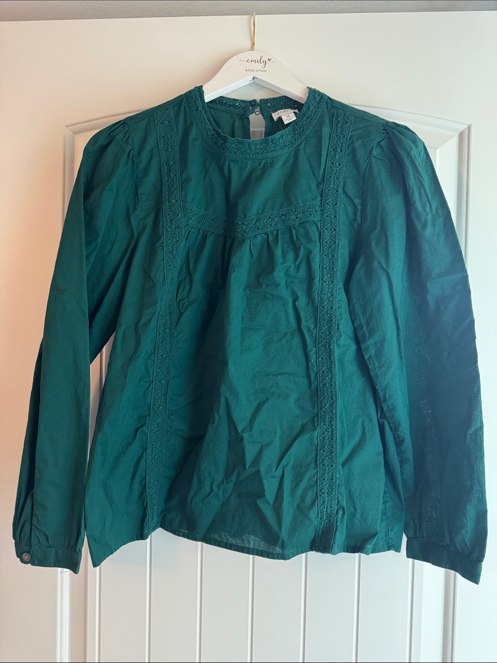 J. Crew Emerald Green Lace-Trim Long Sleeve Blouse